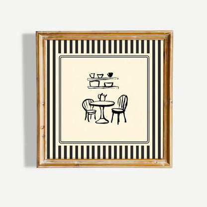 Black and White Striped French Cafe Print, Minimalist Illustration, Digital Downloads, Art Print, Gift Idea, Aesthetic