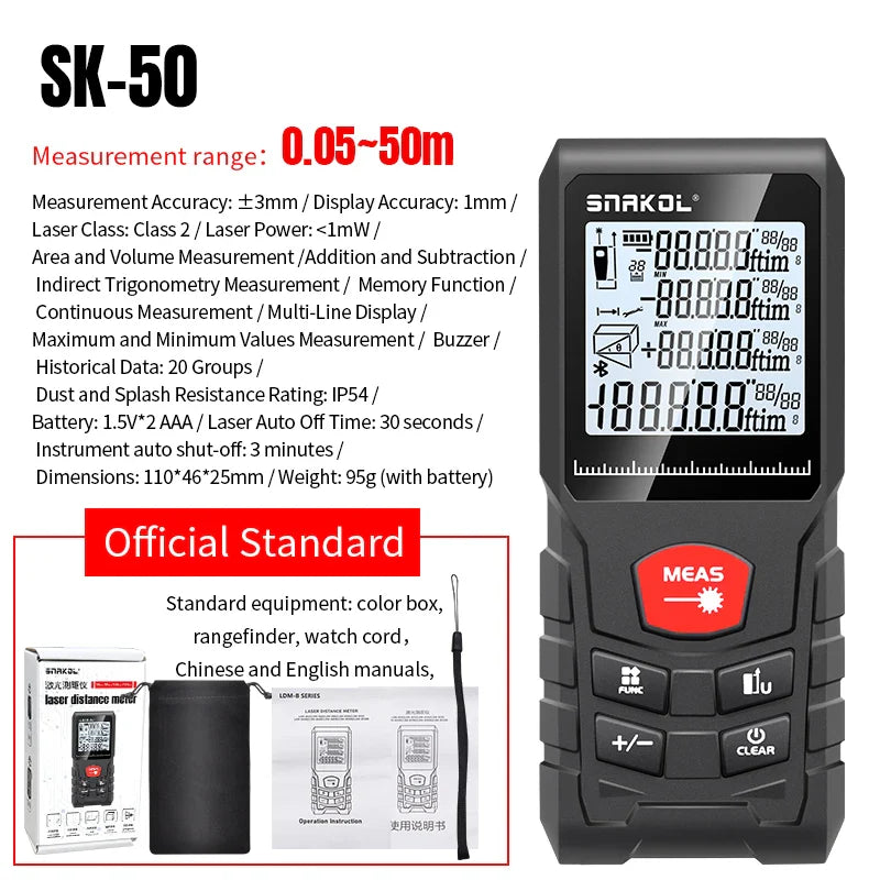Digital Laser Distance Meter Rangefinder – Professional Laser Tape Measure 50m/70m/100m/120m (0.16–394 ft)