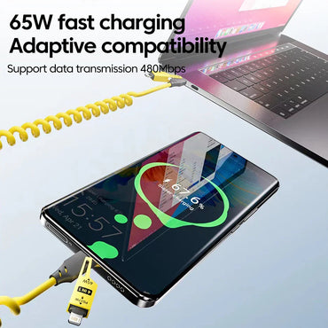 4-in-1 65W Telescopic Spring USB Cable – 6A Fast Charging & Data Sync (USB-C, Lightning, Micro USB)