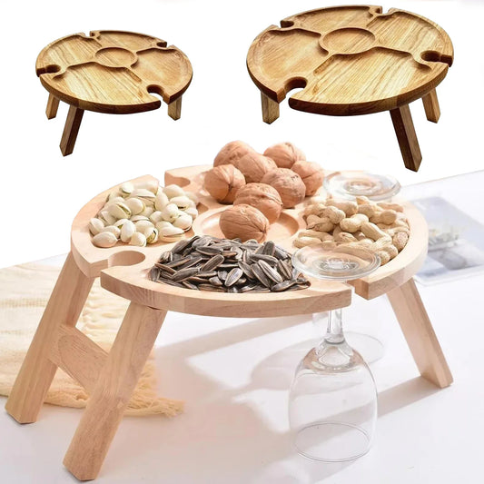 Portable Folding Wooden Picnic Table with Wine Glass Holder, Collapsible Snack Tray & Outdoor Side Table