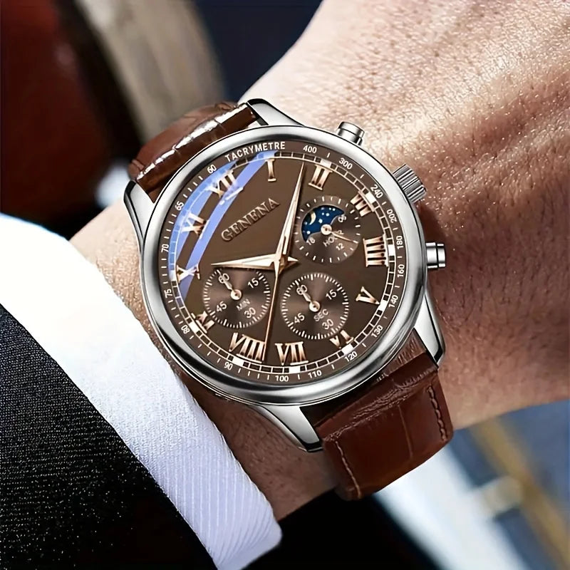 Men's Quartz Leather Strap Watch - 40mm Round Alloy Case, Business Casual Sport, Water-Resistant Luminous Dial