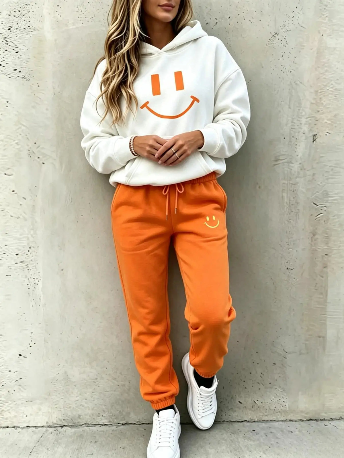 Women's Smiley Face Print 2-Piece Tracksuit Set - Pullover Hoodie + Drawstring Jogger Pants, Elastane Polyester, Medium Stretch, Autumn/Winter - 6 Colors, S to XXL
