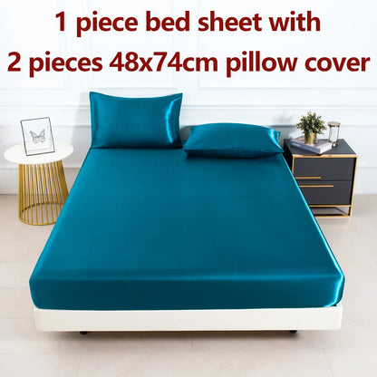 Satin Fitted Sheet Set 3-Piece (1 Fitted Sheet + 2 Pillowcases) Soft Breathable Solid Color Bedding