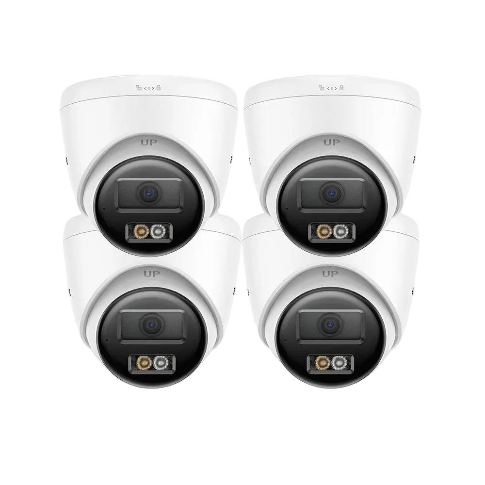 Four white UP brand dome security cameras arranged in a 2x2 grid on a light blue gradient background, with feature icons and text overlays including 'annke' and a '3K' badge.