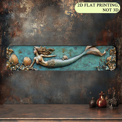 2D Flat, 1pc 4x16 Inch Aluminum Wall Art Sign - Enchanting Mermaid with Sea Jewels, Turquoise & Golden Coastal Decor for Bedroom