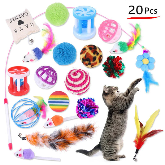 20-Piece Cat Toy Variety Pack – Interactive Kitten Toys Set with Sisal Mice, Feather Wands, Bell Balls & Plush