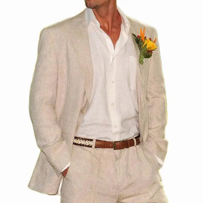 Beige Linen Men Suits 2 Pieces Beach Wedding American Style Jacket