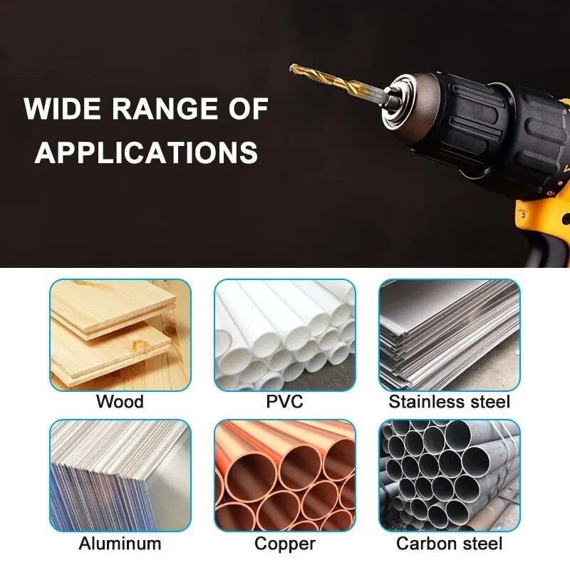 6-Piece High-Speed Steel (HSS 4341) Titanium-Plated Tap & Drill Set - Integrated Machine Taps with Chamfering Tools