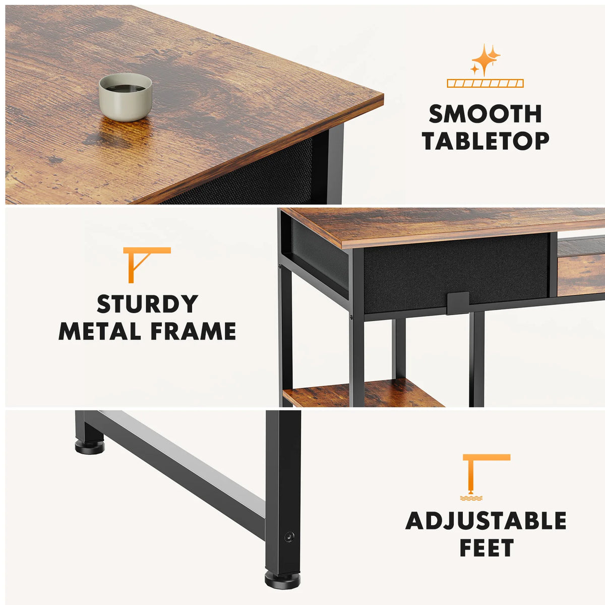 JHK 48" Computer Desk with Fabric Drawers, Storage Shelves, Middle Cube - Metal Frame, Adjustable Feet, Modern Home Office Desk, Brown/Black/White