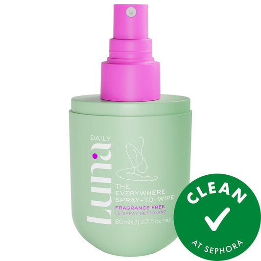 Luna Daily The Everywhere Spray-To-Wipe - Fragrance Free with Prebiotics + Vitamins C+E for Sensitive Skin - pH-Balanced On-The-Go Cleansing Wipes
