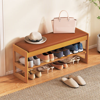 Shoe Rack Bench with Storage 2-Tier Rubberwood Entryway Bench with Flip-Open Storage