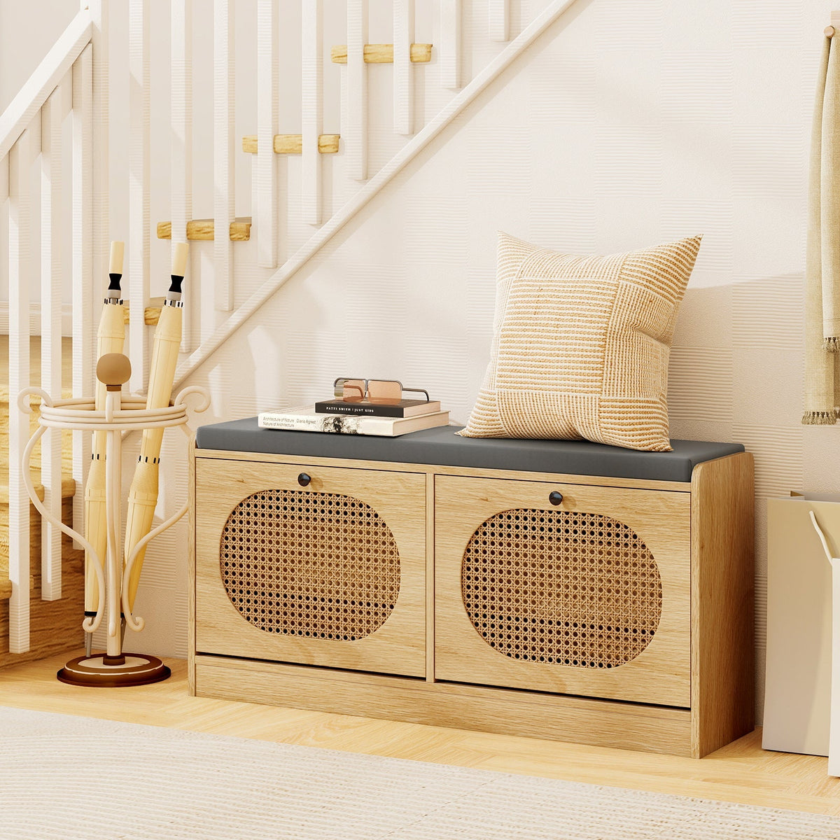 Shoe Storage Bench with Cushion Entryway Rattan Shoe Bench-Natural