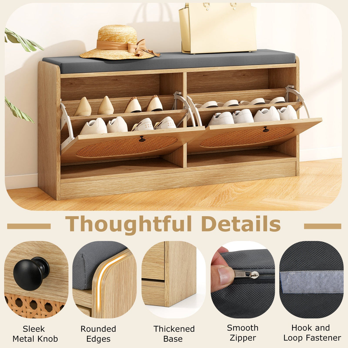Shoe Storage Bench with Cushion Entryway Rattan Shoe Bench-Natural