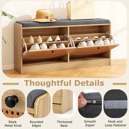 Shoe Storage Bench with Cushion Entryway Rattan Shoe Bench-Natural