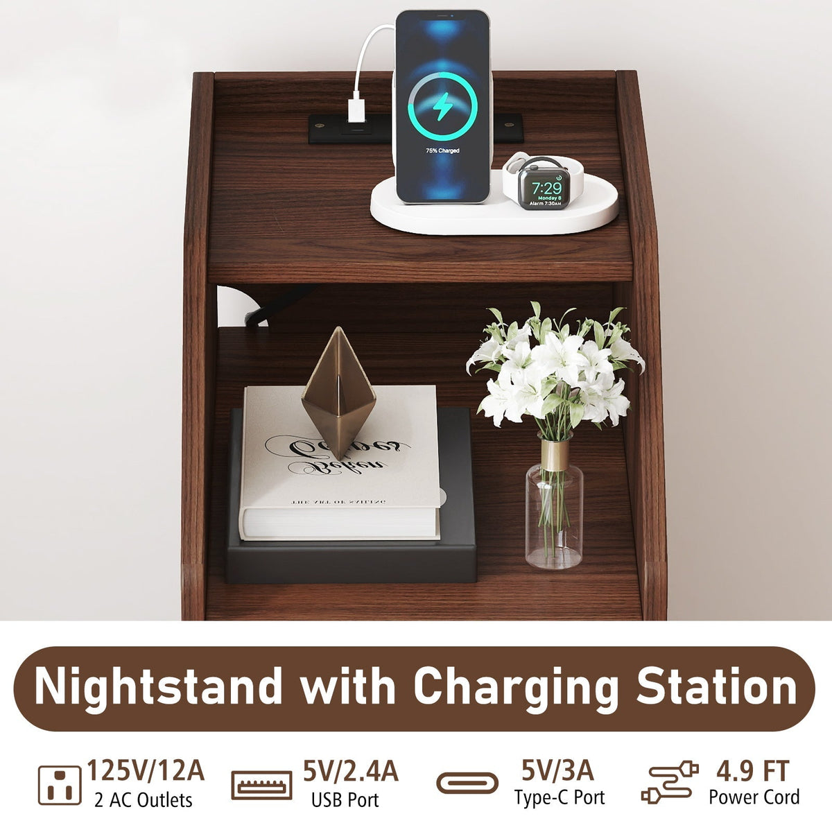 Side End Table with Charging Station Sofa Couch Table with Shelf Drawers