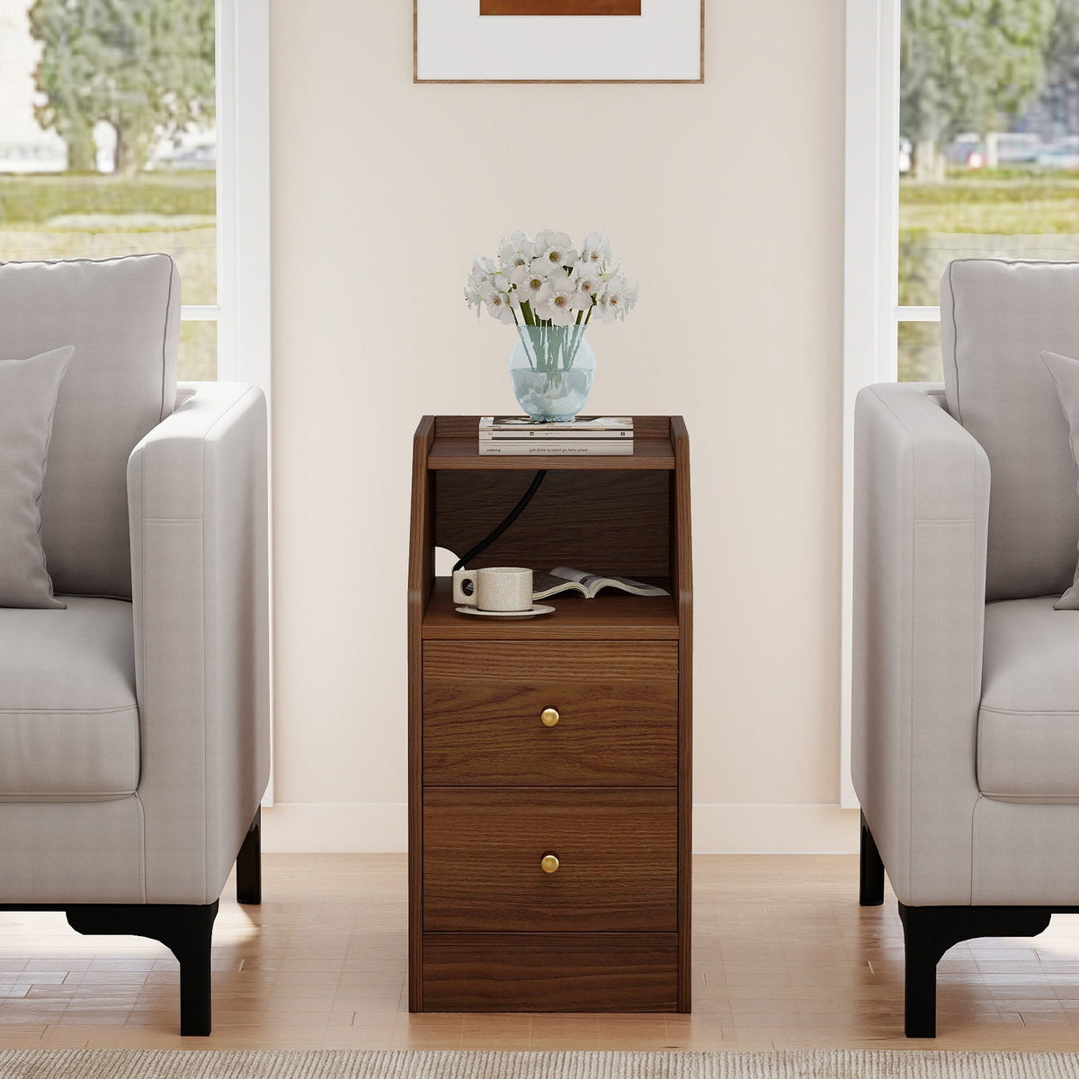 Side End Table with Charging Station Sofa Couch Table with Shelf Drawers