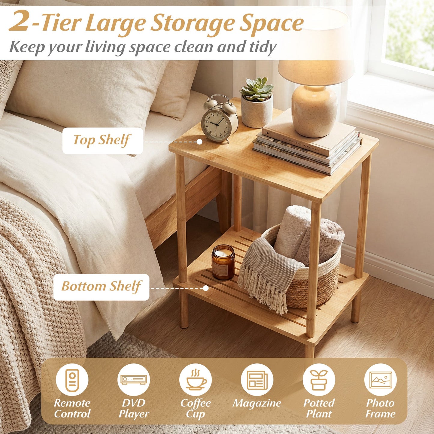 Side Table Set of 2 2-Tier Bamboo End Table with Storage Shelves Rectangular Tea Sofa Table-Natural