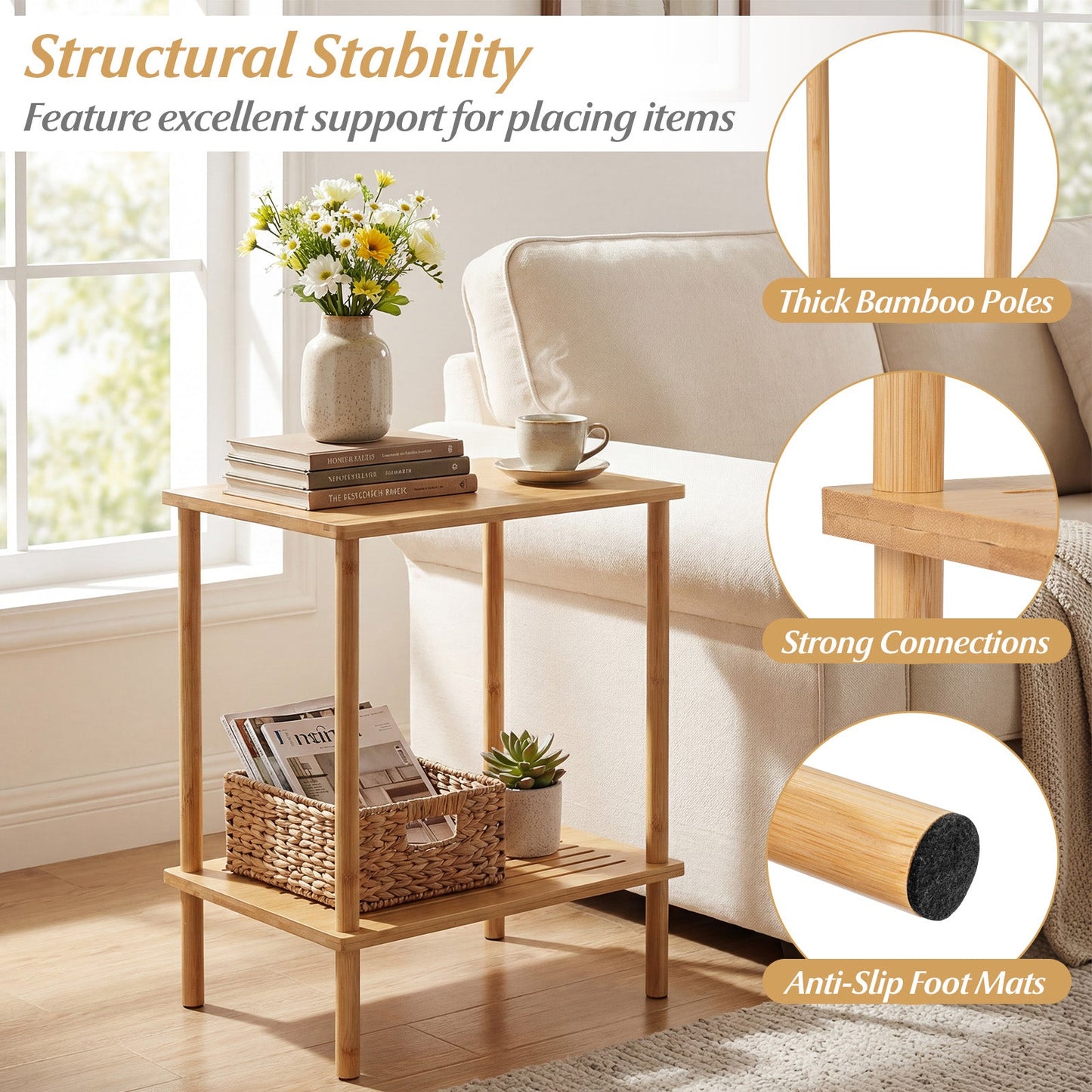 Side Table Set of 2 2-Tier Bamboo End Table with Storage Shelves Rectangular Tea Sofa Table-Natural