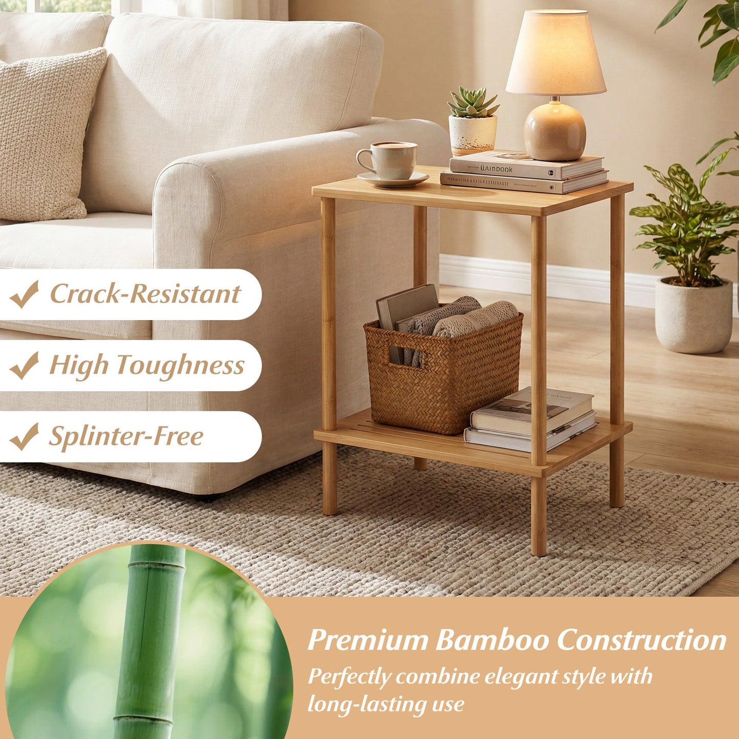 Side Table Set of 2 2-Tier Bamboo End Table with Storage Shelves Rectangular Tea Sofa Table-Natural