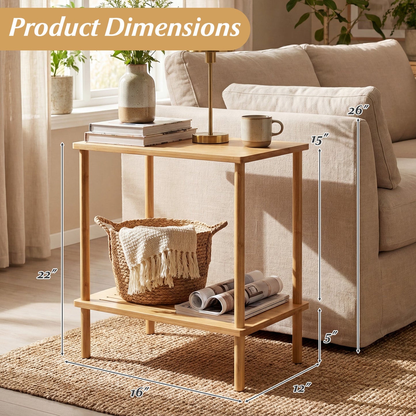 Side Table Set of 2 2-Tier Bamboo End Table with Storage Shelves Rectangular Tea Sofa Table-Natural
