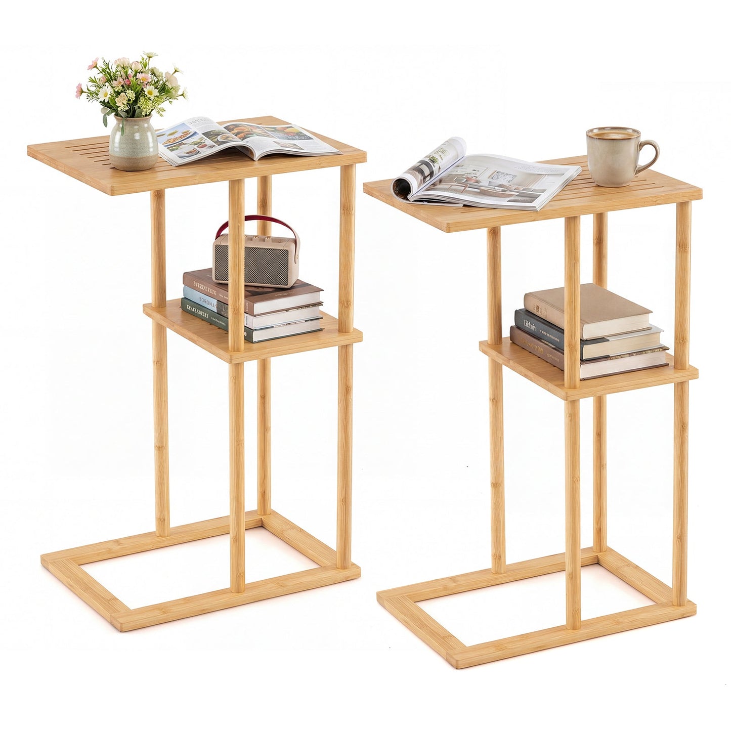 Side Table Set of 2 with Storage Shelves and Bamboo Construction-Natural