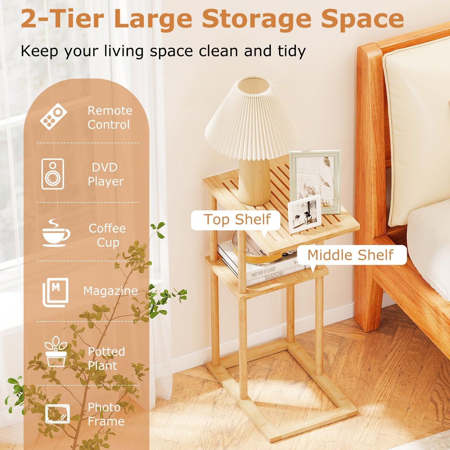 Side Table Set of 2 with Storage Shelves and Bamboo Construction-Natural