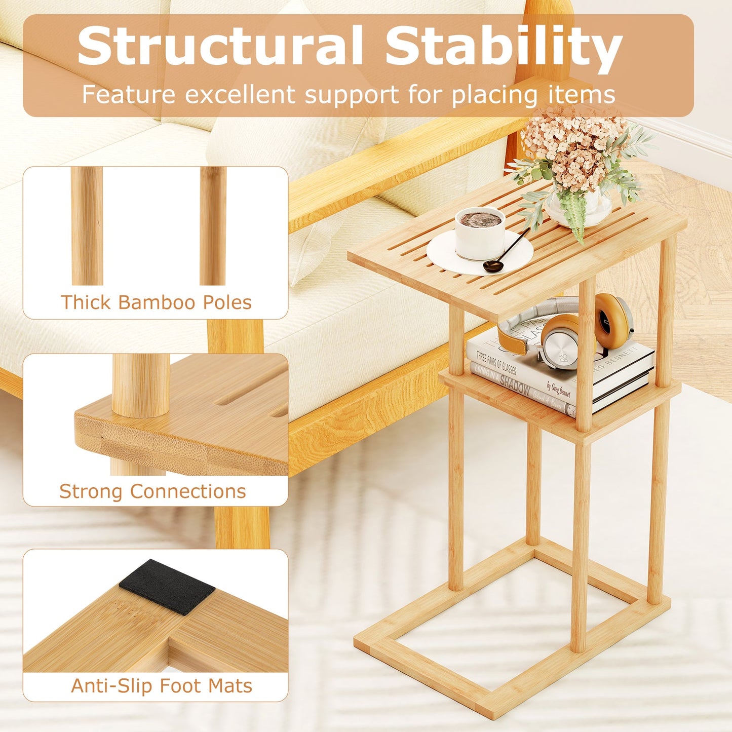 Side Table Set of 2 with Storage Shelves and Bamboo Construction-Natural
