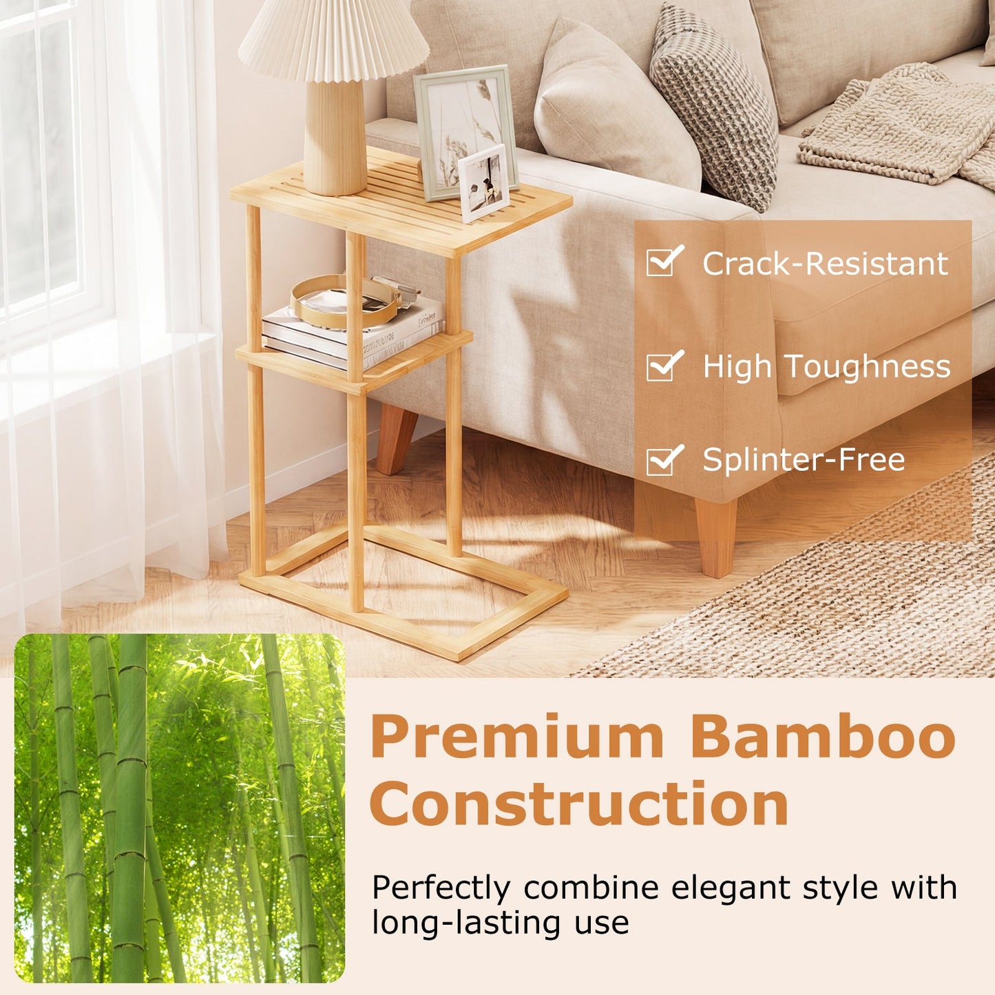 Side Table Set of 2 with Storage Shelves and Bamboo Construction-Natural