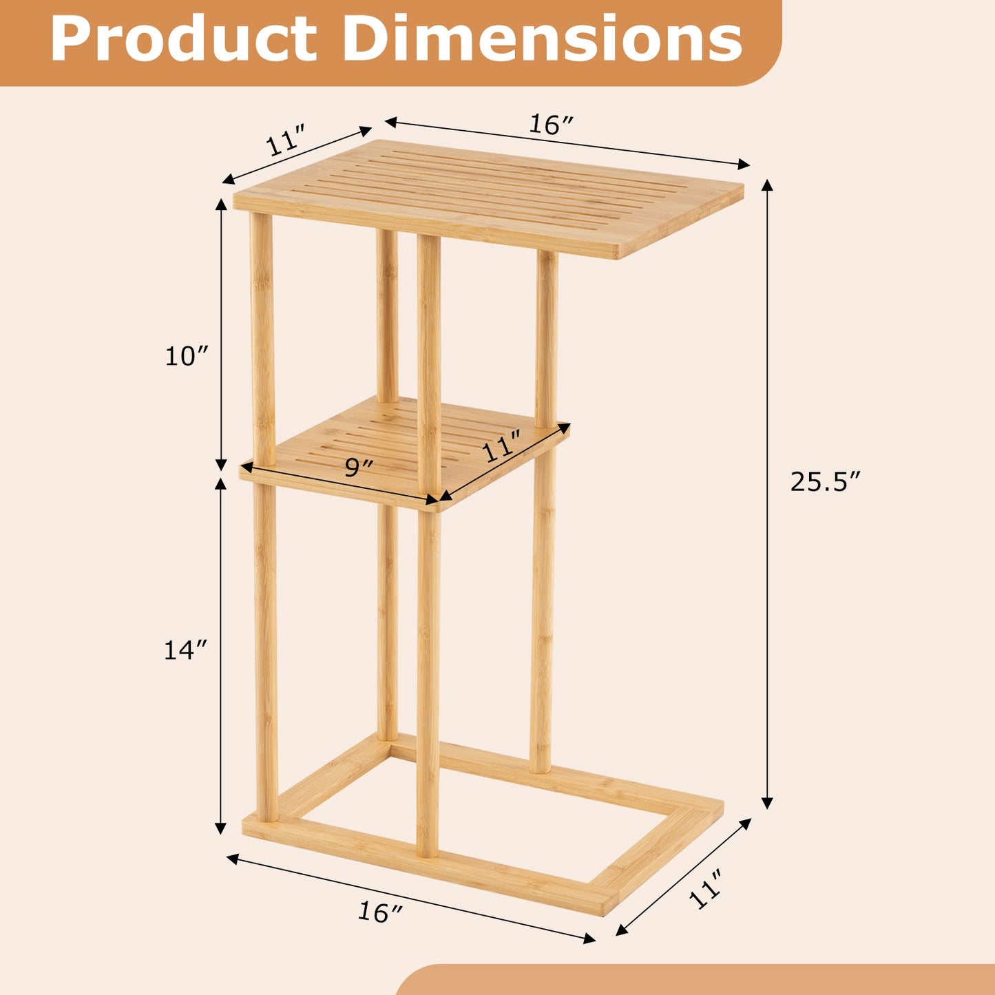 Side Table Set of 2 with Storage Shelves and Bamboo Construction-Natural