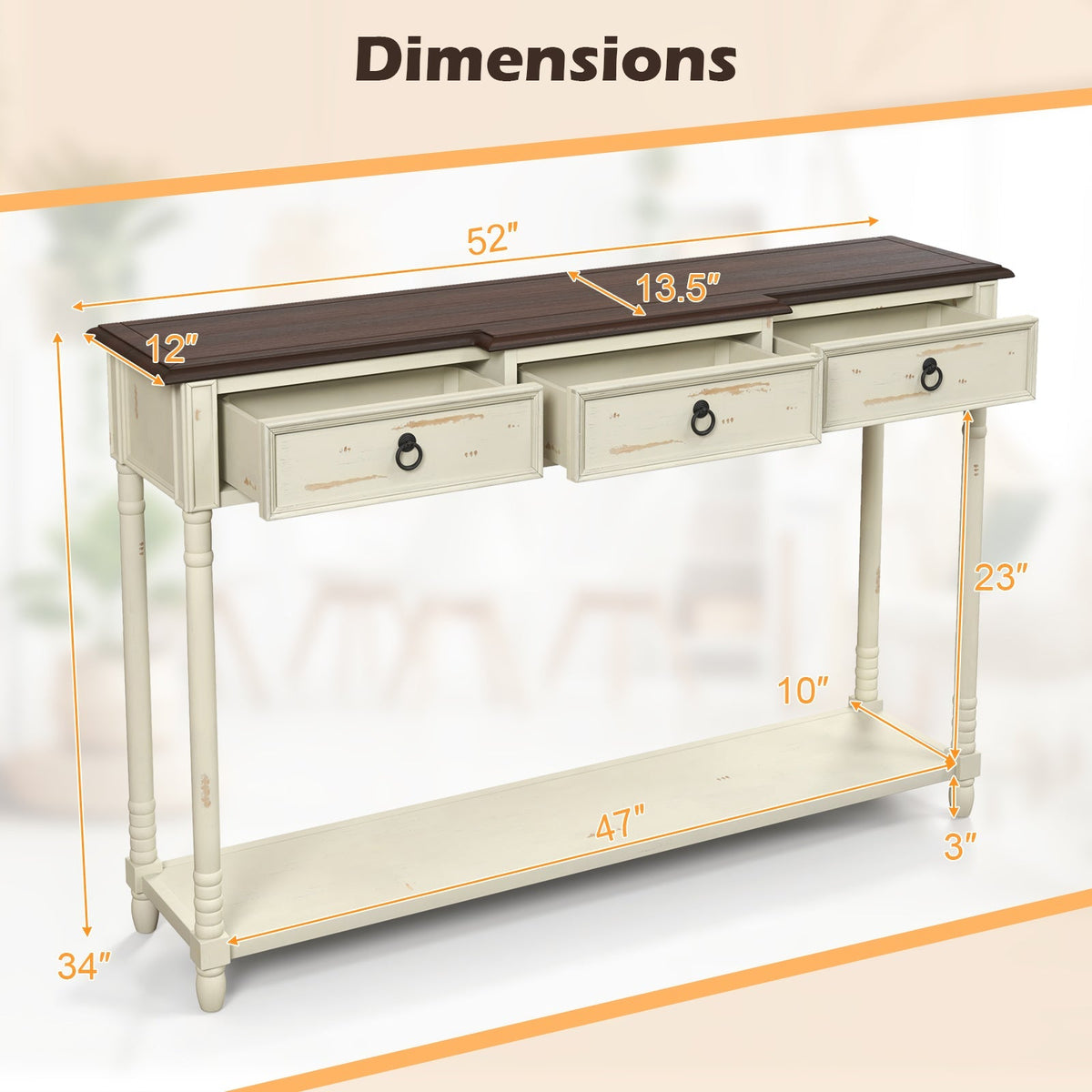 52 Inch Farmhouse Console Table with 3 Drawers and Open Storage Shelf for Hallway