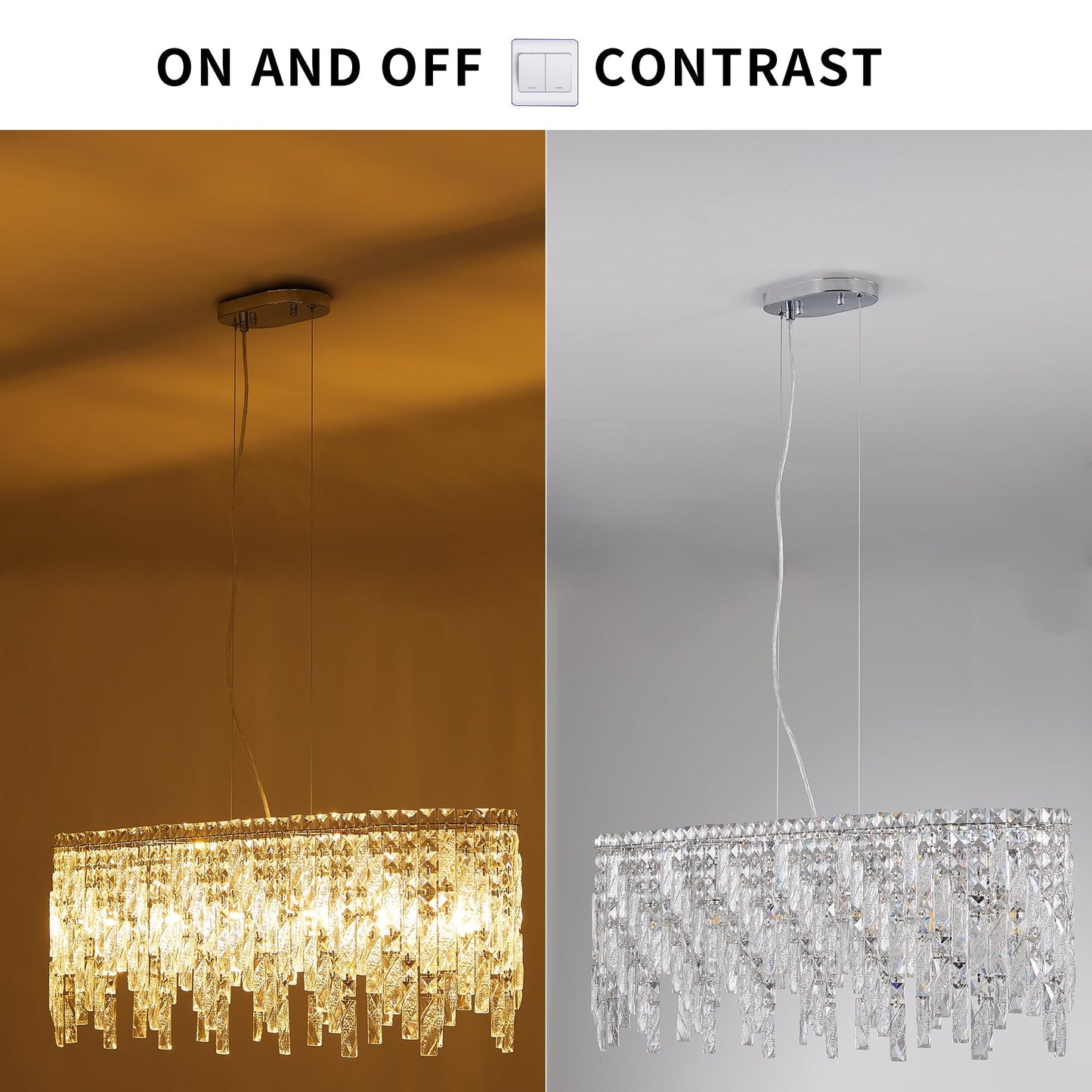 34.6" Oval K9 Crystal Chandelier | 6-Light Silver Modern Ceiling Light with Cascading Teardrop Crystals — Dining Room, Living Room & Bedroom