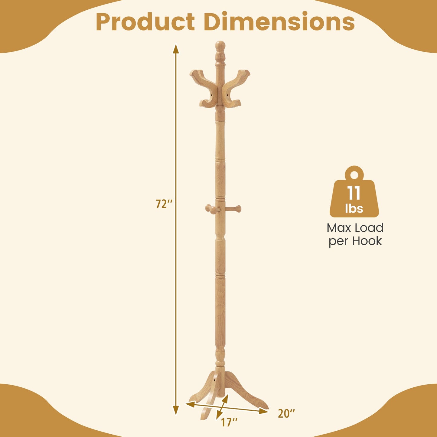 Solid Wood Hall Tree with 11 Hooks and 3 Height Options for Entryway