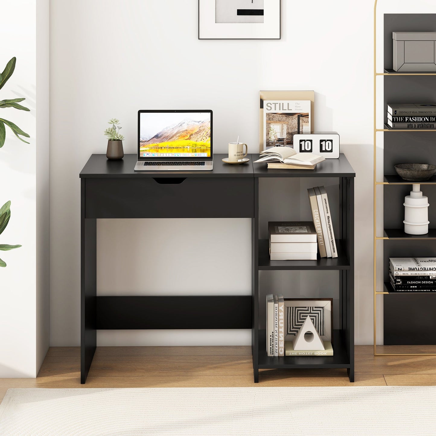 Space Saving Computer Desk with Hidden Compartment and Open Storage Shelves-Black