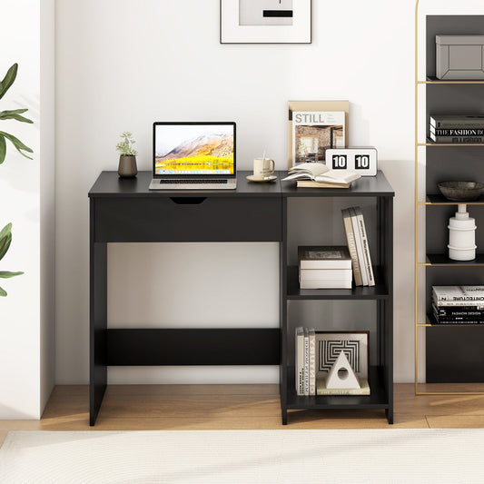 Space Saving Computer Desk with Hidden Compartment and Open Storage Shelves-Black