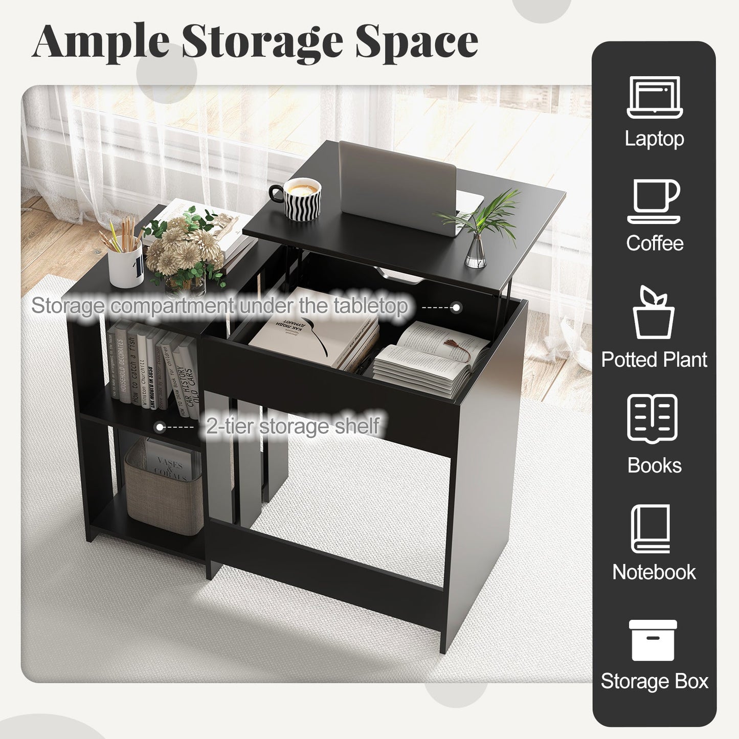 Space Saving Computer Desk with Hidden Compartment and Open Storage Shelves-Black