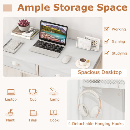 Space Saving Home Office Desk with 2 Fabric Drawers and 4 Hanging Hooks