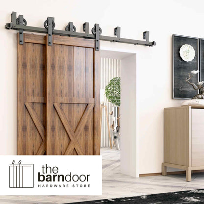 Spoke Wheel Black Double Bypass Barn Door Hardware Kit