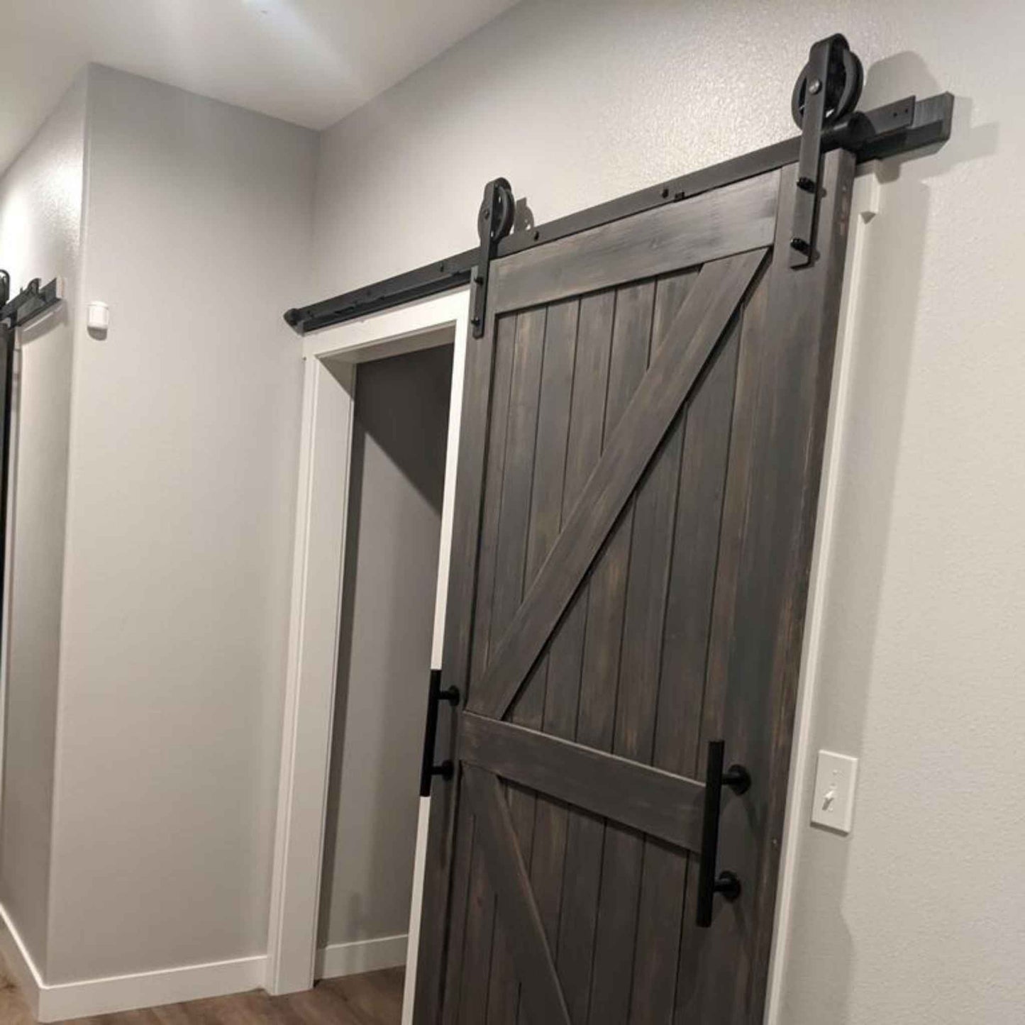 Spoke Wheel Black Single Track Barn Door Hardware Kit