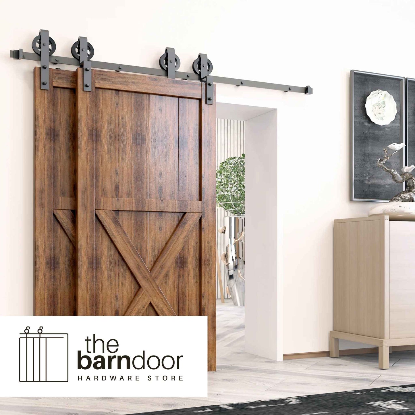 Spoke Wheel Black Single Bypass Barn Door Hardware Kit