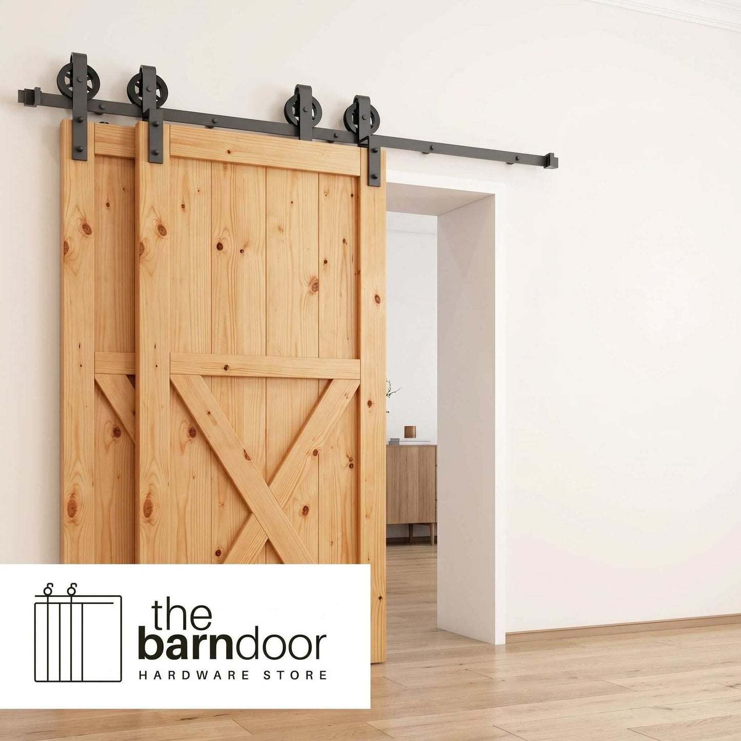 Spoke Wheel Black Single Bypass Barn Door Hardware Kit
