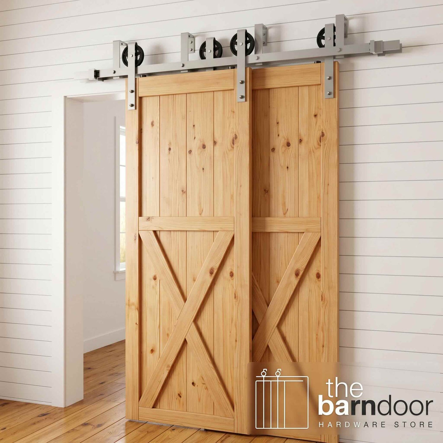 Spoke Wheel Brushed Nickel Double Bypass Barn Door Hardware Kit