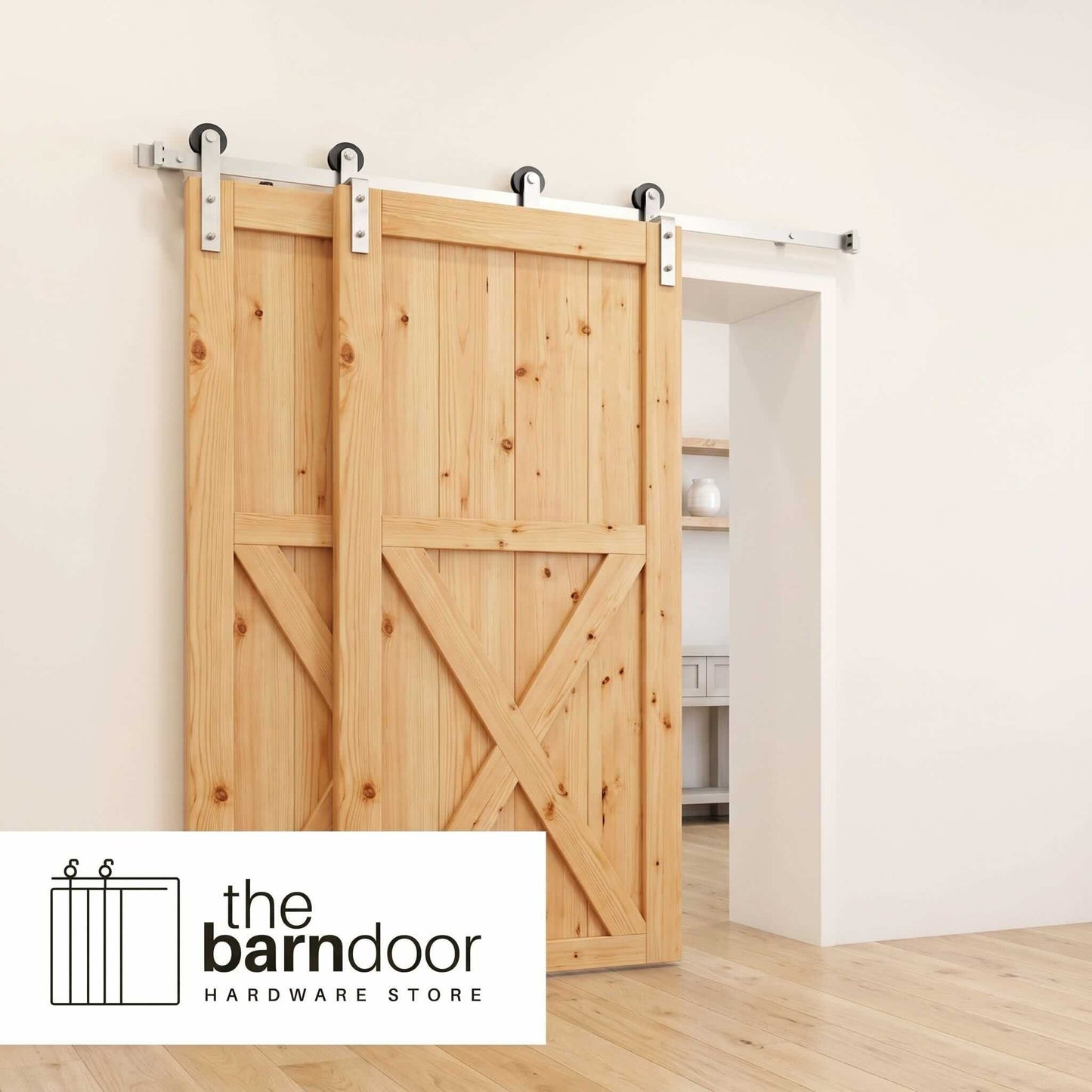 Straight Strap Brushed Nickel Single Bypass Barn Door Hardware Kit