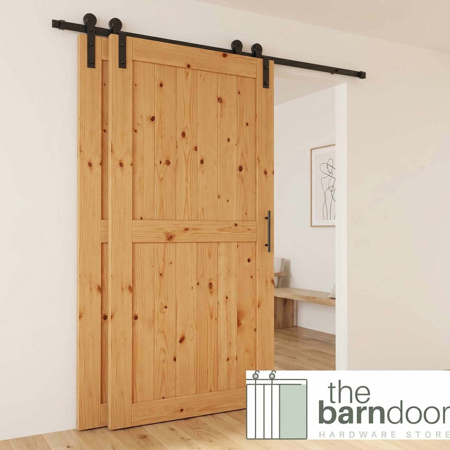 Straight Strap Black Single Bypass Barn Door Hardware Kit