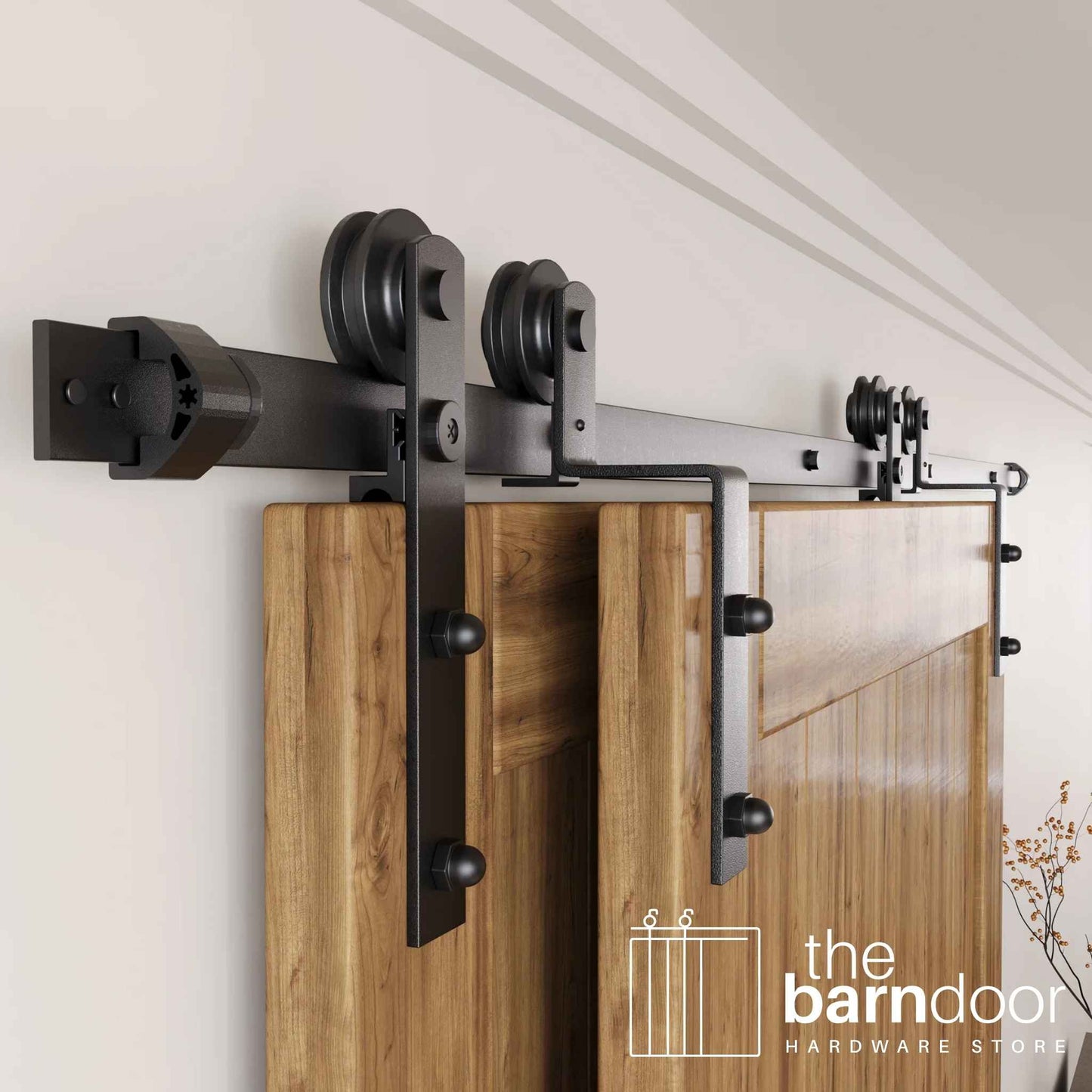 Straight Strap Black Single Bypass Barn Door Hardware Kit