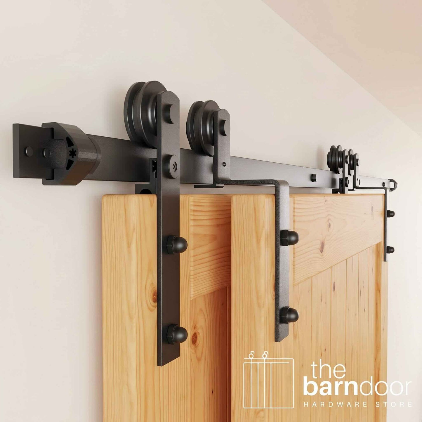 Straight Strap Black Single Bypass Barn Door Hardware Kit