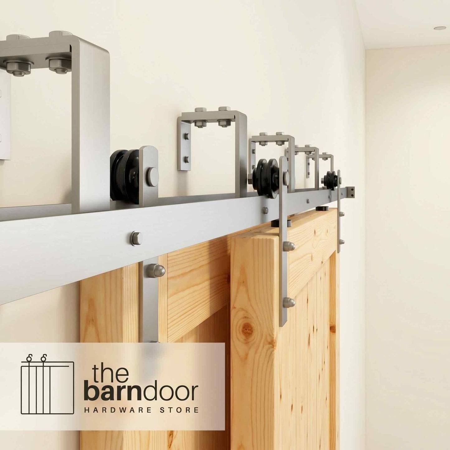 Straight Strap Brushed Nickel Double Bypass Barn Door Hardware Kit