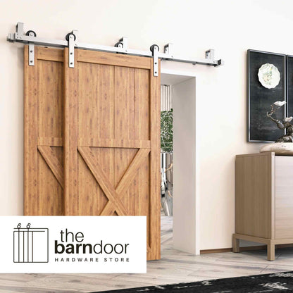Straight Strap Brushed Nickel Double Bypass Barn Door Hardware Kit