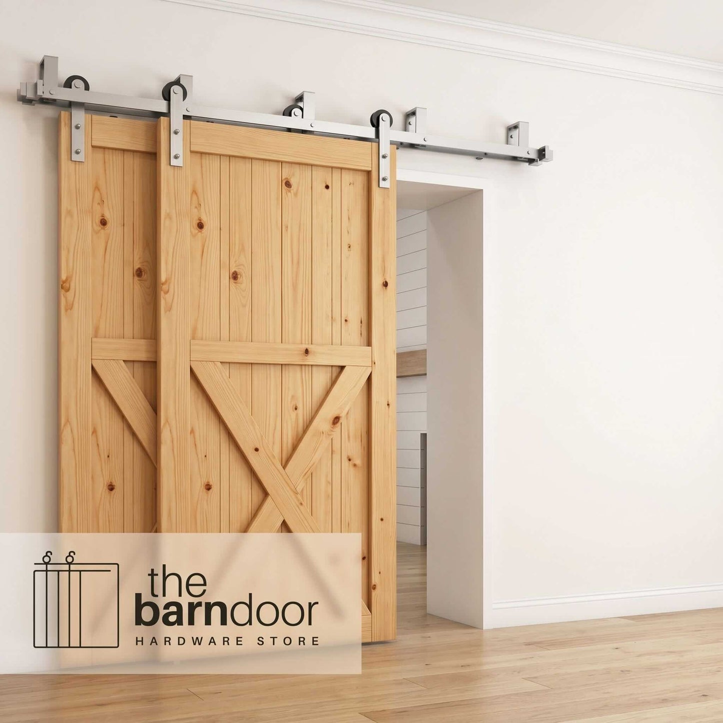 Straight Strap Brushed Nickel Double Bypass Barn Door Hardware Kit