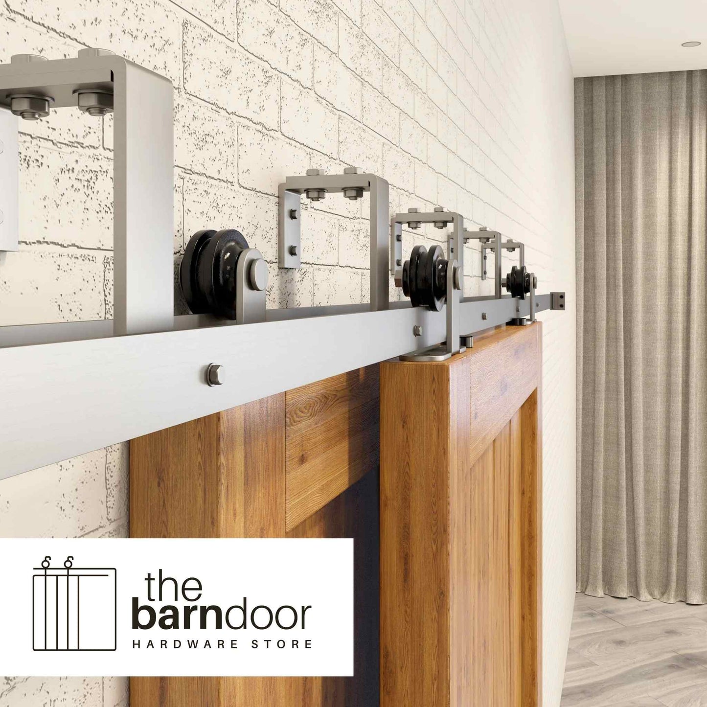 Straight Top Mount Brushed Nickel Double Bypass Barn Door Hardware Kit