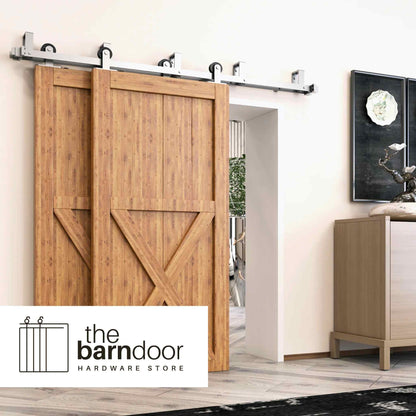 Straight Top Mount Brushed Nickel Double Bypass Barn Door Hardware Kit